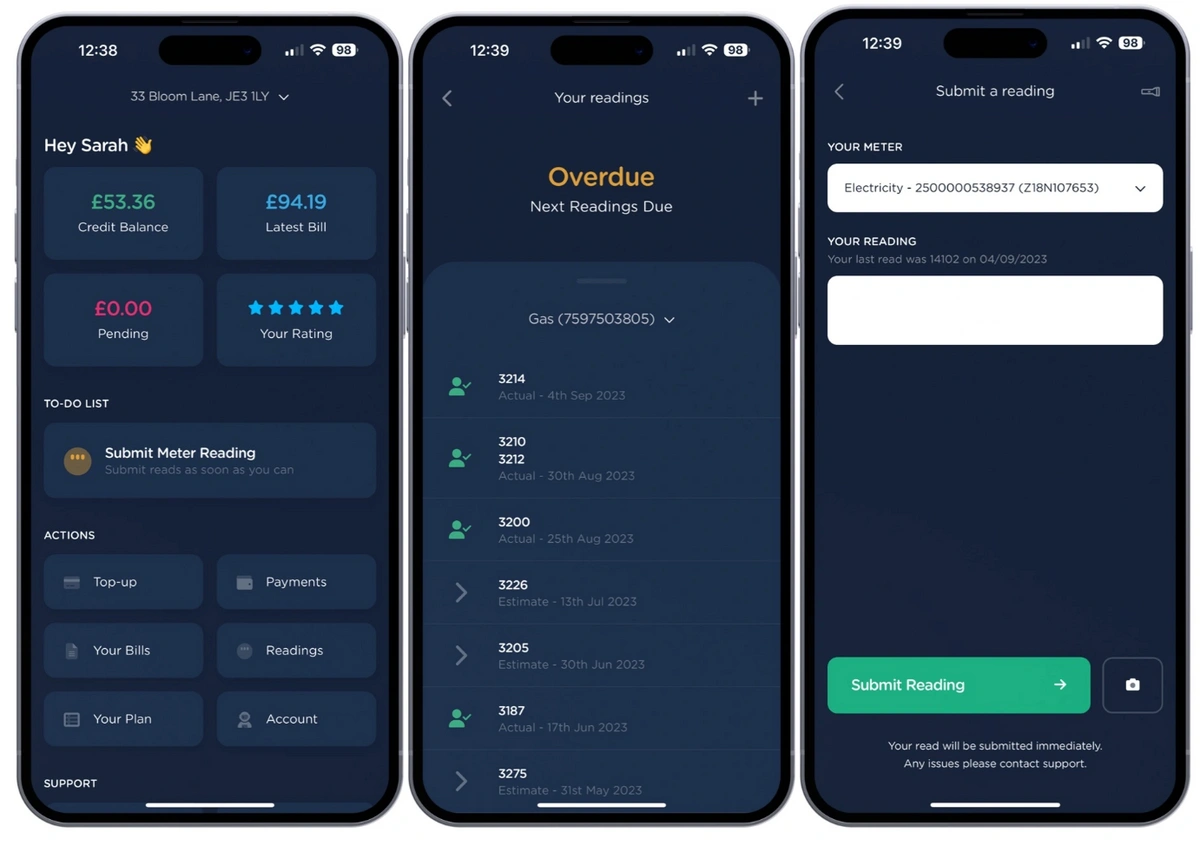 Jellyfish customer app showing the account dashboard, meter reading history and a form to submit a reading.