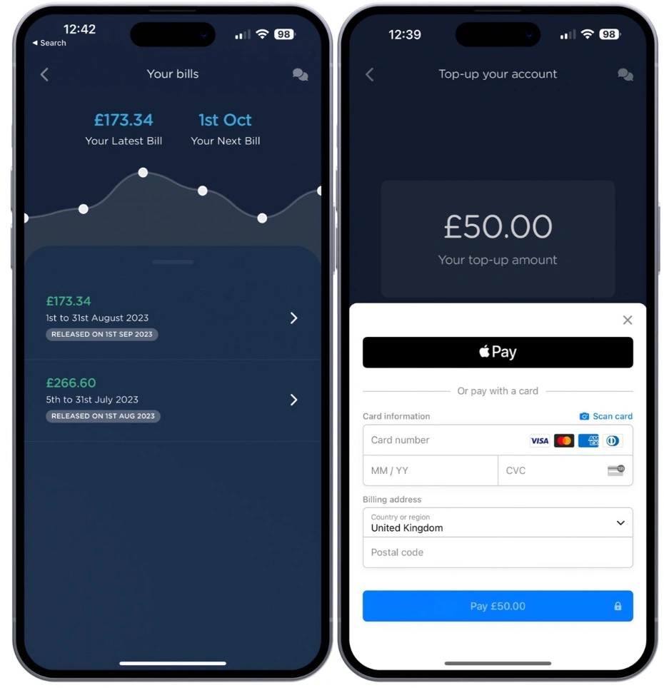 Jellyfish customer app showing the bills list and account top-up options with Apple Pay or a payment card.